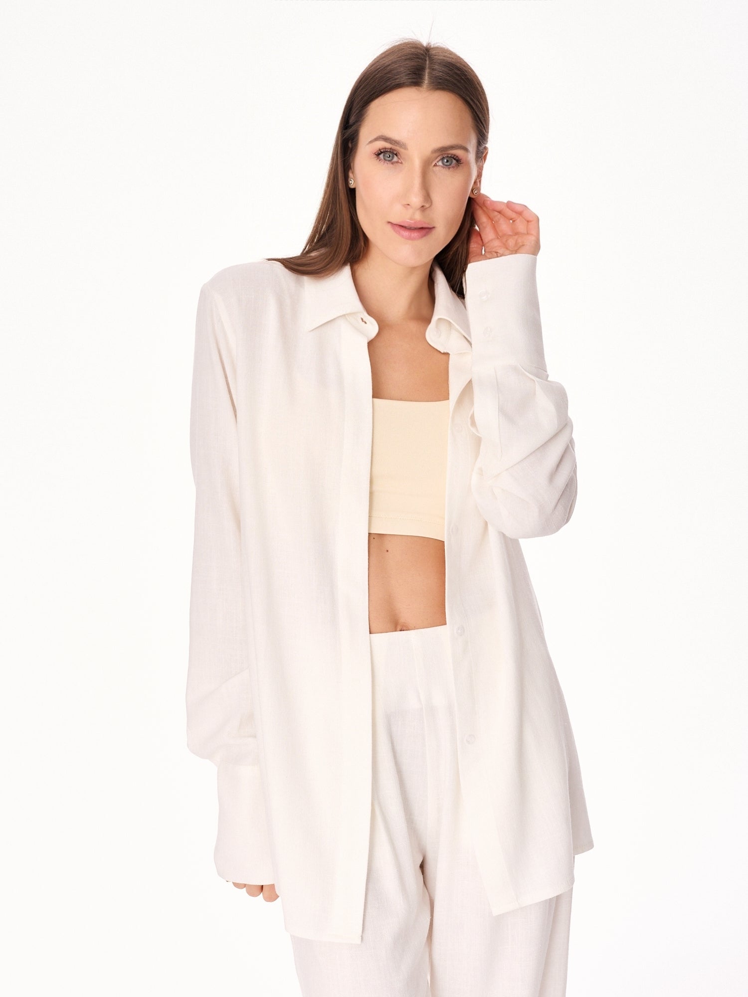 Ora Viscose and Linen Oversized Open Back Shirt Ecru