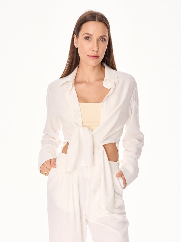 Ora Viscose and Linen Oversized Open Back Shirt Ecru