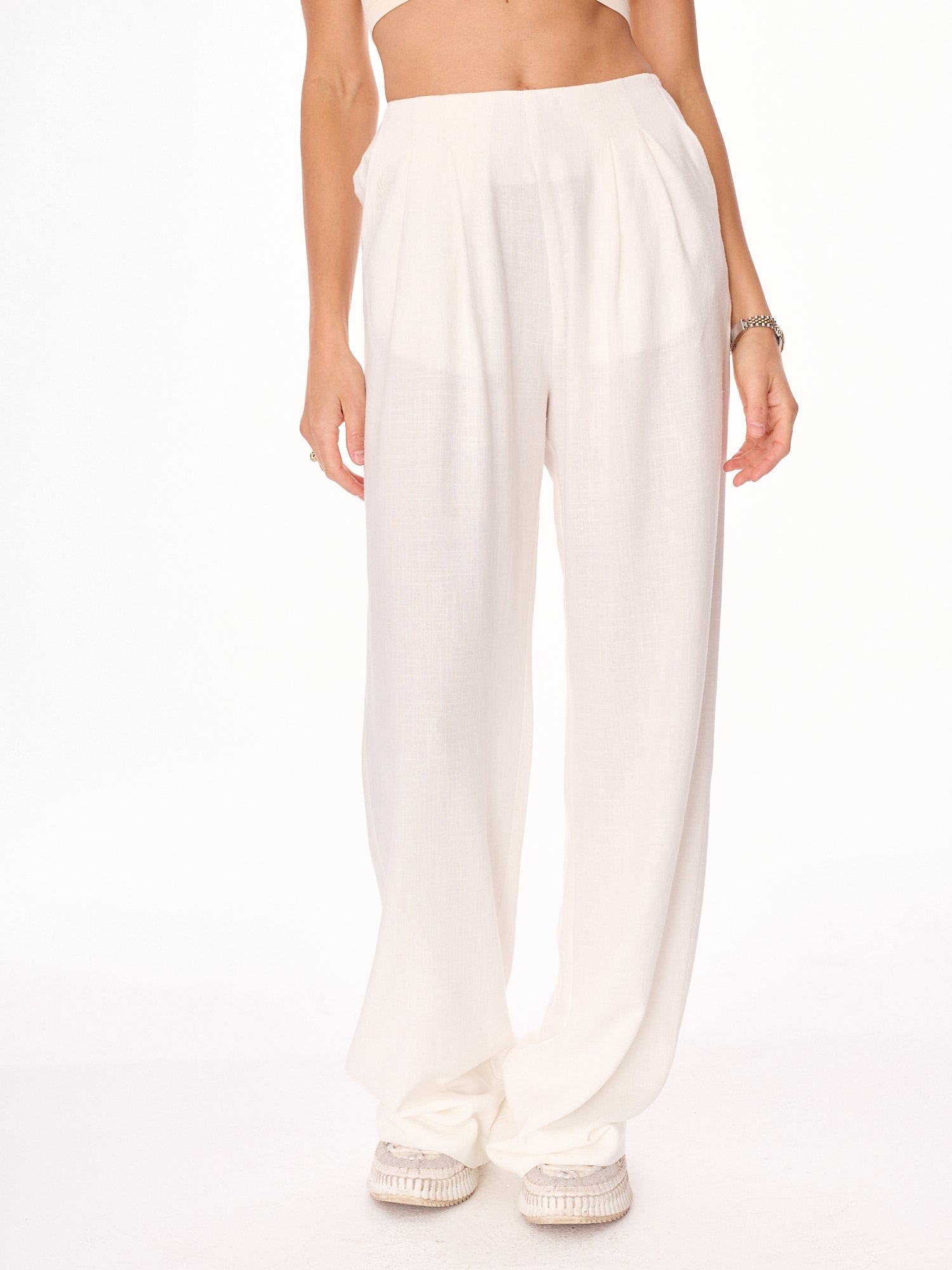 Ora High-Waist Viscose and Linen Trousers Ecru