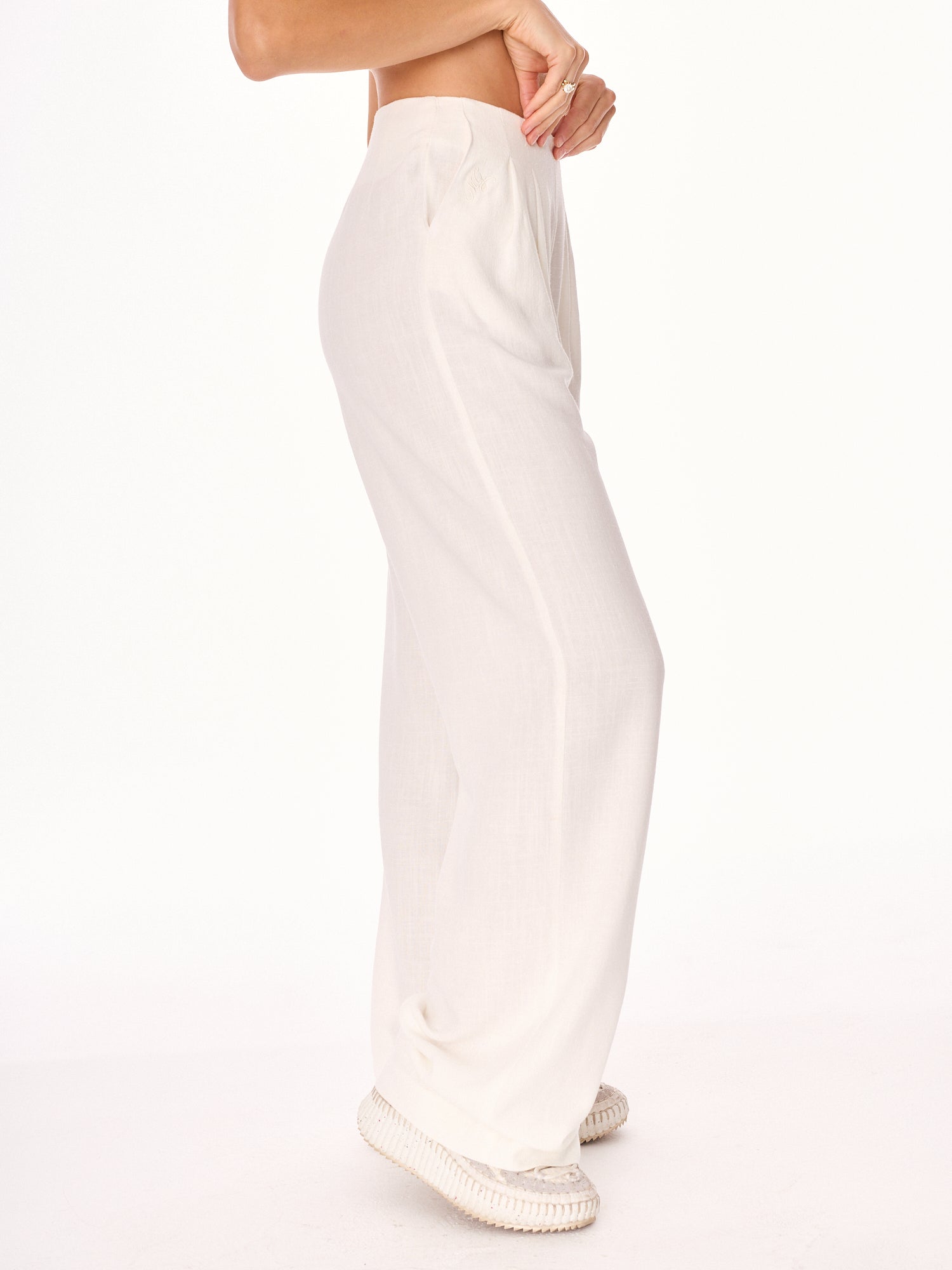 Ora High-Waist Viscose and Linen Trousers Ecru