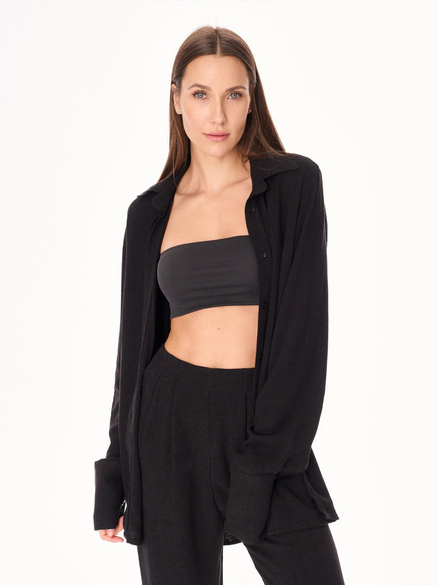 Ora Viscose and Linen Oversized Open Back Shirt Black