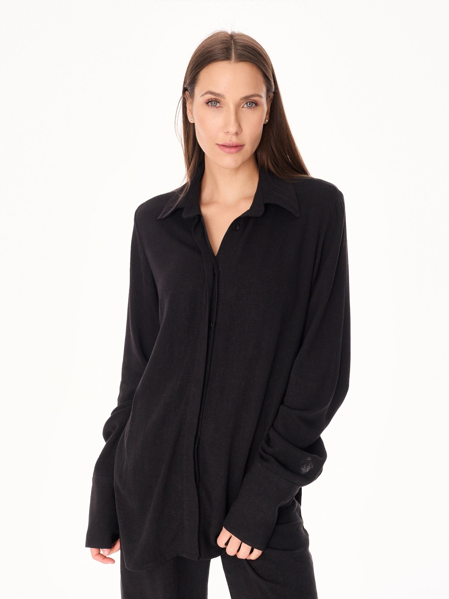 Ora Viscose and Linen Oversized Open Back Shirt Black