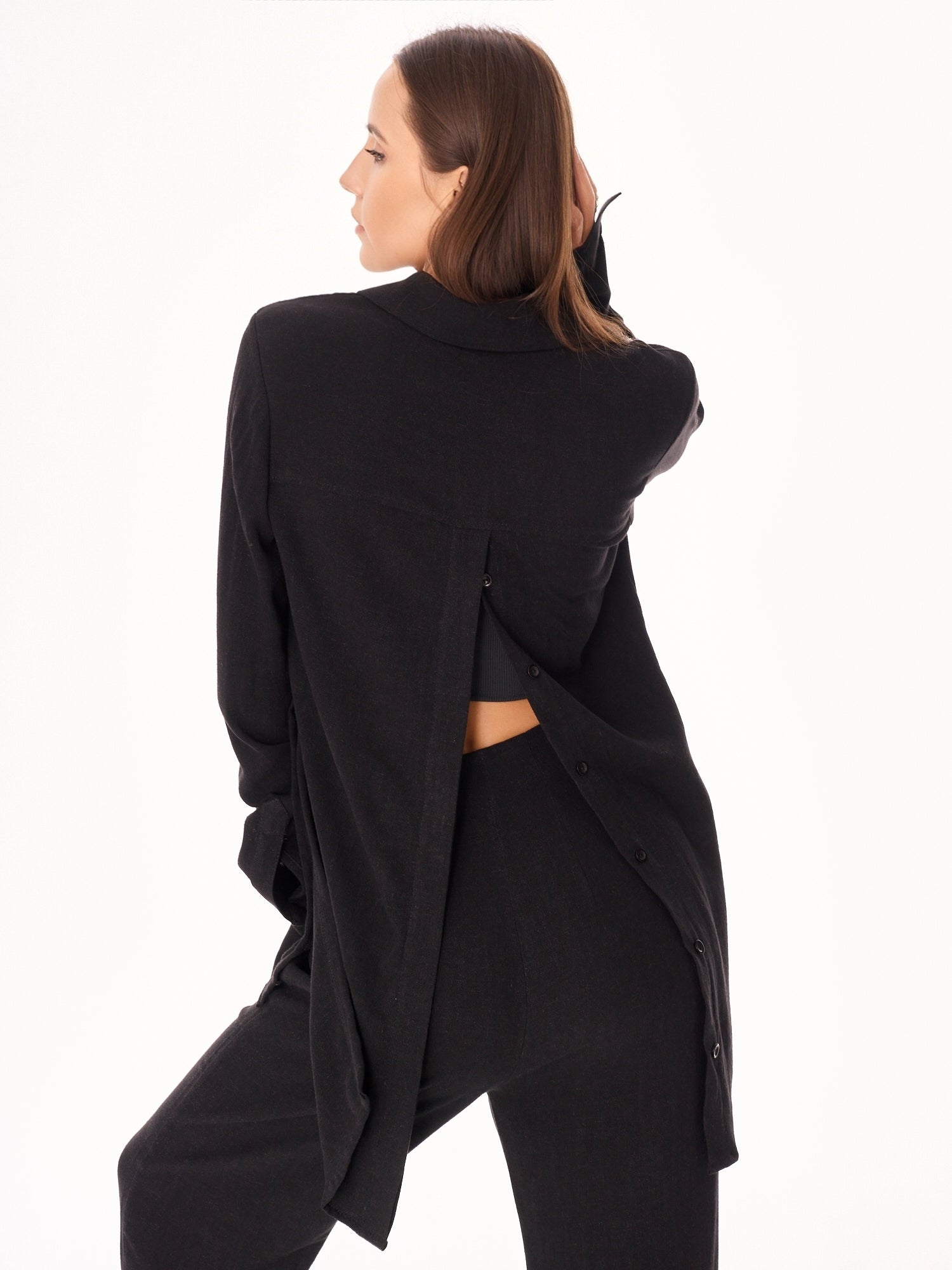 Ora Viscose and Linen Oversized Open Back Shirt Black