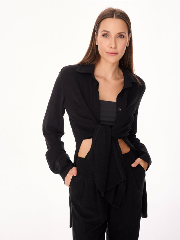 Ora Viscose and Linen Oversized Open Back Shirt Black