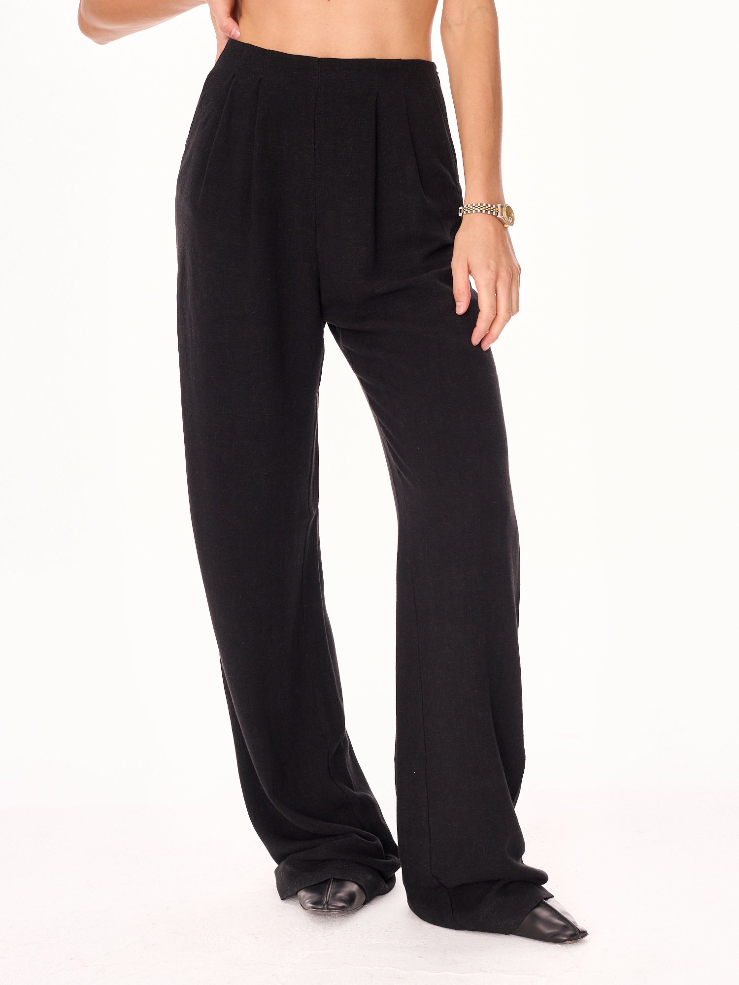 Ora High-Waist Viscose and Linen Trousers Black