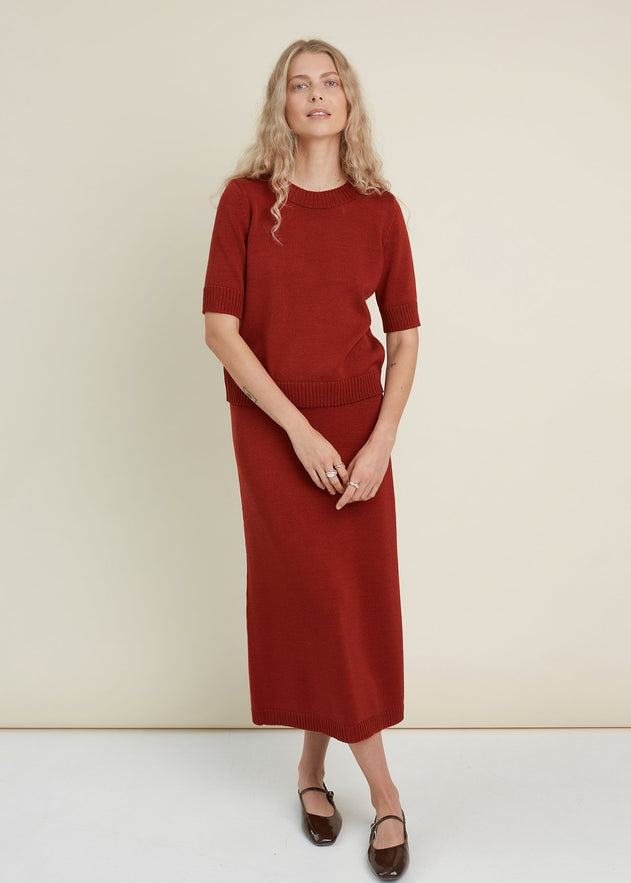 Merino Wool Two Piece Set with Top & Skirt Rust