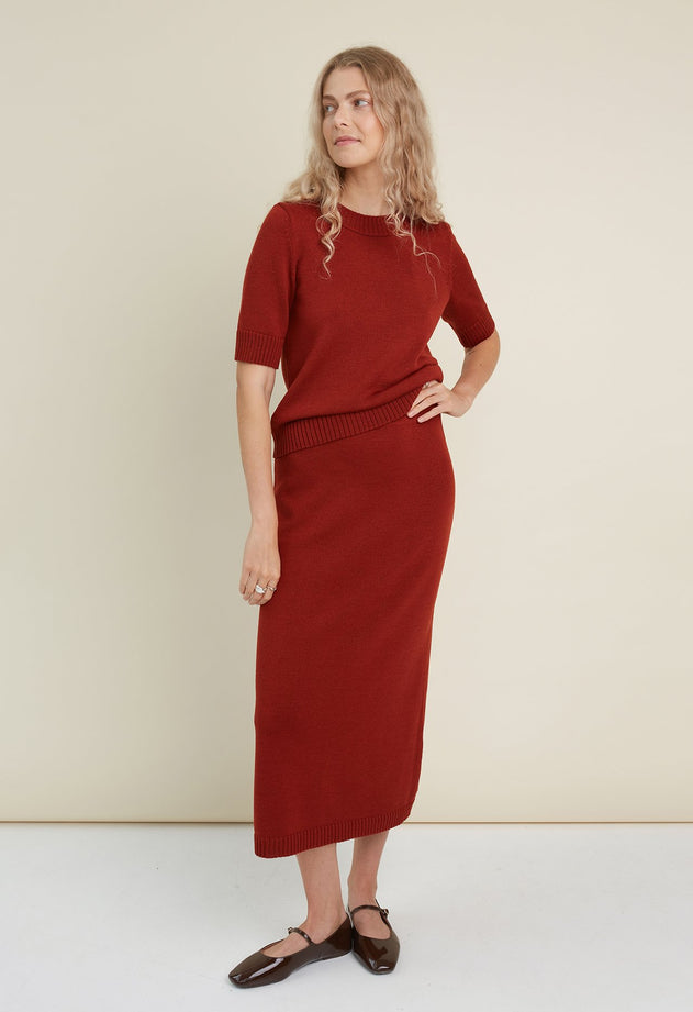 Merino Wool Two Piece Set with Top & Skirt Rust