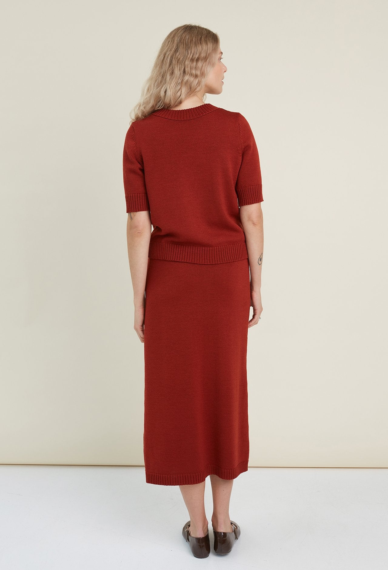 Merino Wool Two Piece Set with Top & Skirt Rust