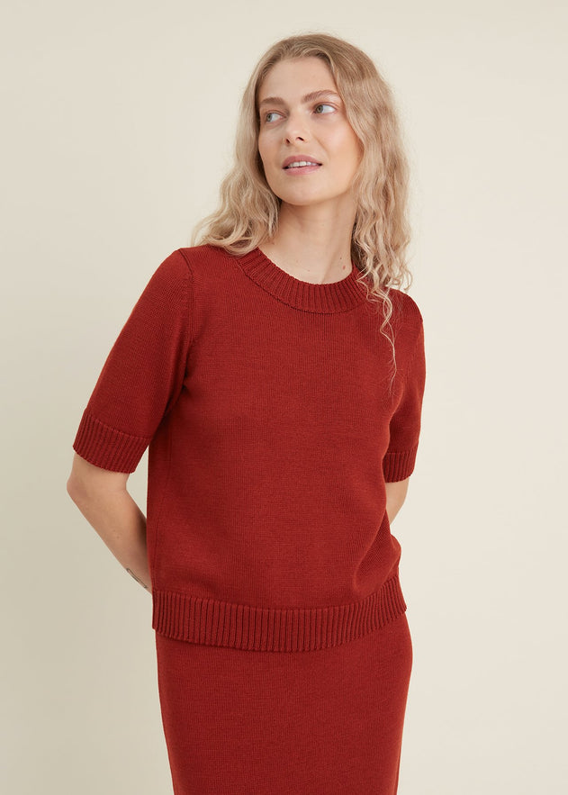 Merino Wool Two Piece Set with Top & Skirt Rust