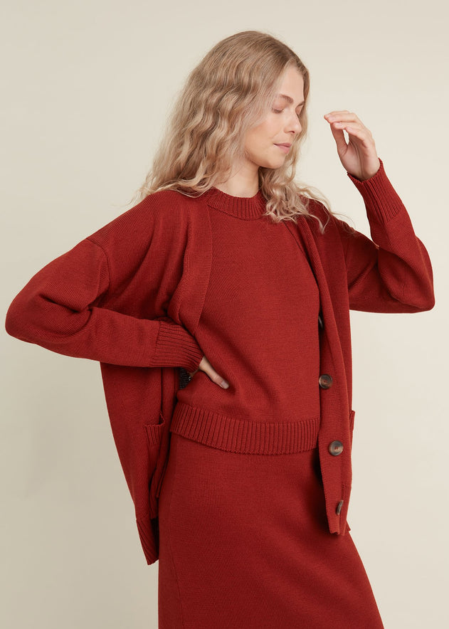 Button-Up Merino Wool Cardigan Rust