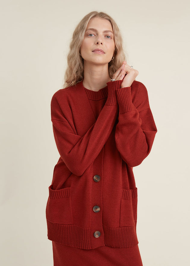 Button-Up Merino Wool Cardigan Rust