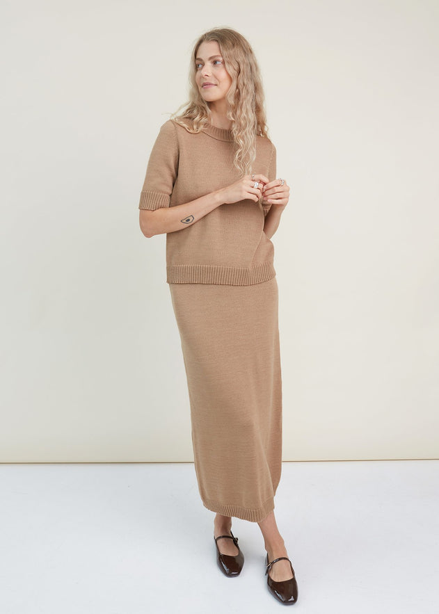 Merino Wool Two Piece Set with Top & Skirt Camel