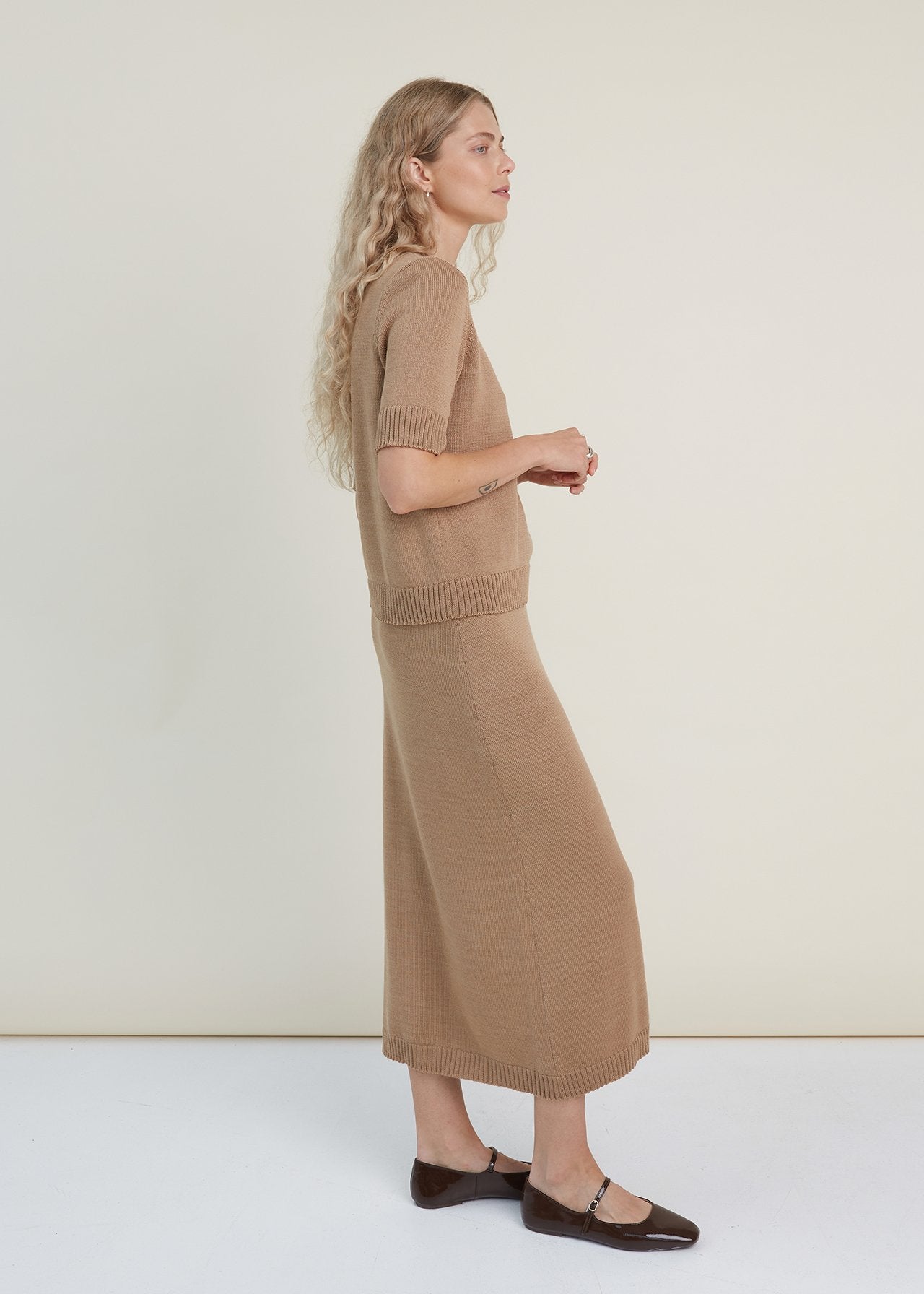 Merino Wool Two Piece Set with Top & Skirt Camel