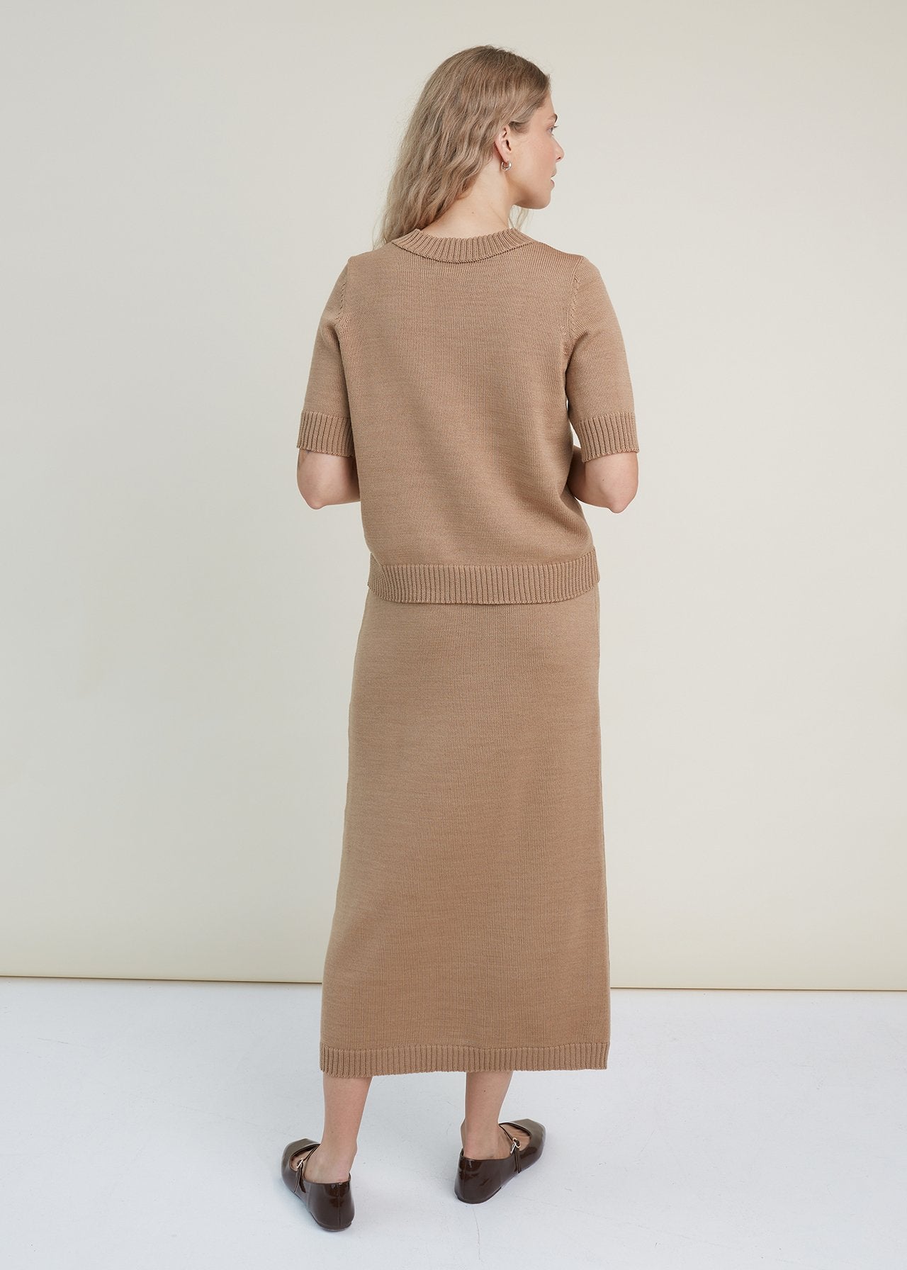Merino Wool Two Piece Set with Top & Skirt Camel