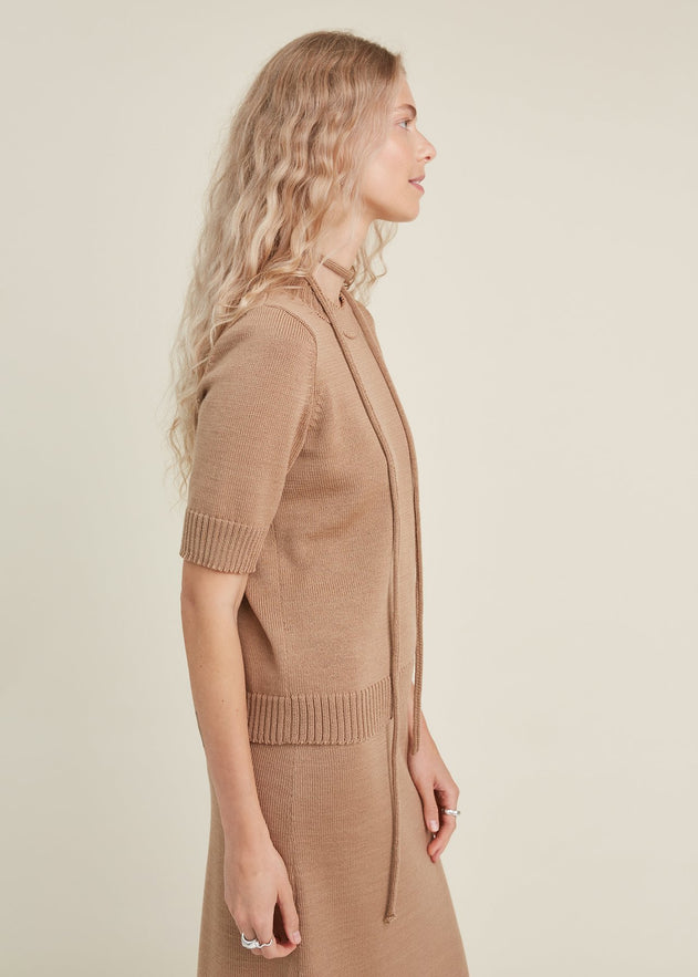 Merino Wool Two Piece Set with Top & Skirt Camel
