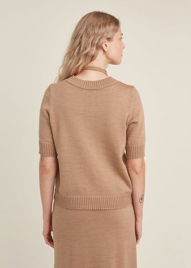 Merino Wool Two Piece Set with Top & Skirt Camel