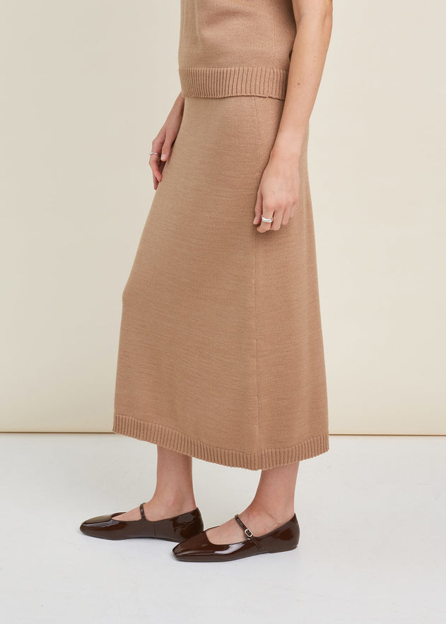 Merino Wool Two Piece Set with Top & Skirt Camel