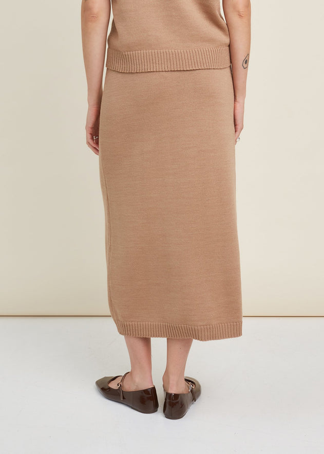 Merino Wool Two Piece Set with Top & Skirt Camel