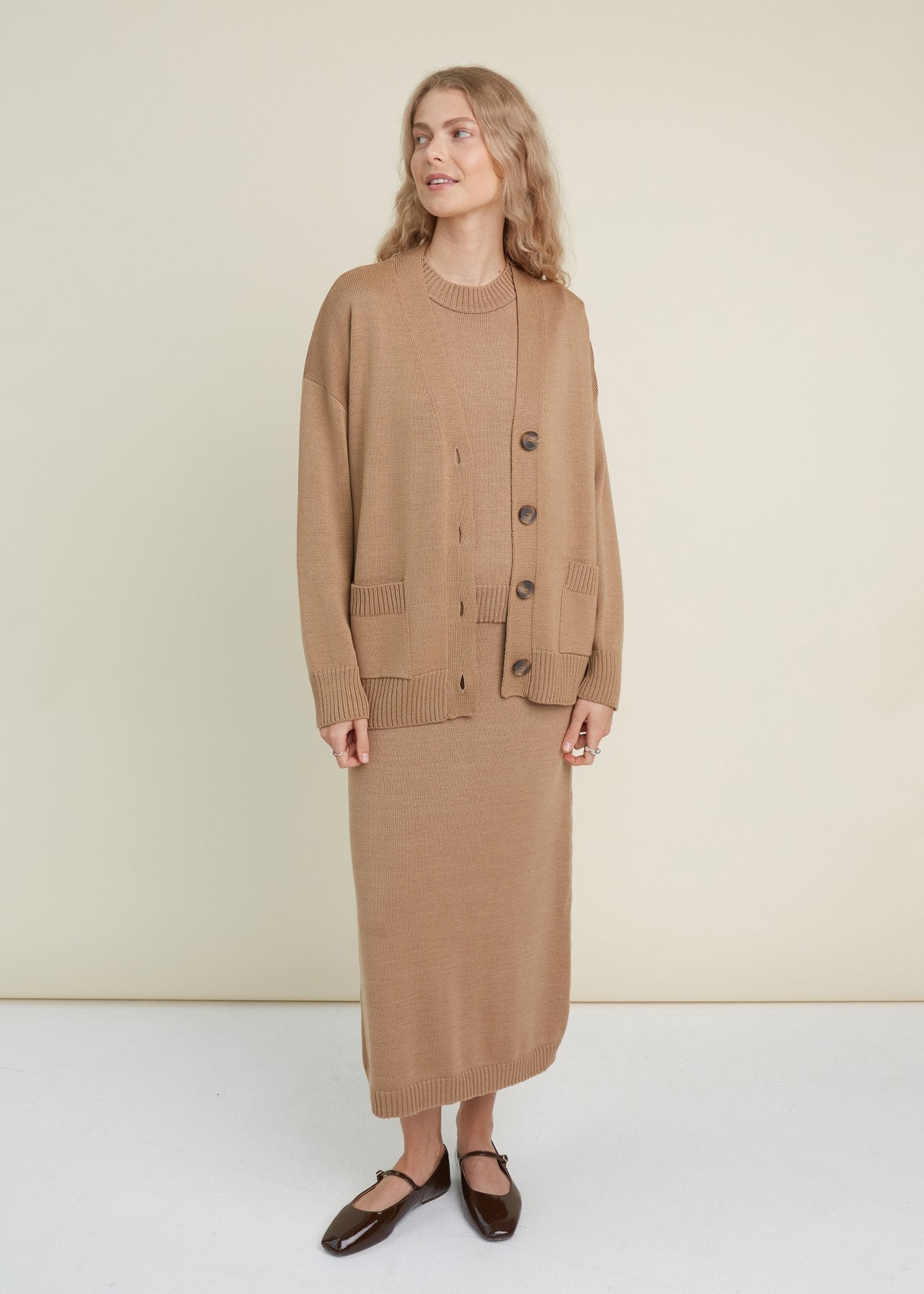 Button-Up Merino Wool Cardigan Camel