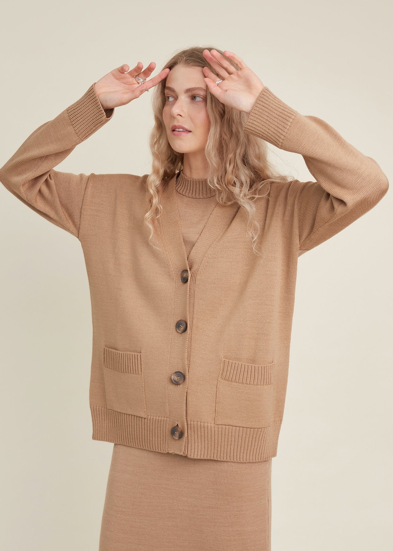 Button-Up Merino Wool Cardigan Camel