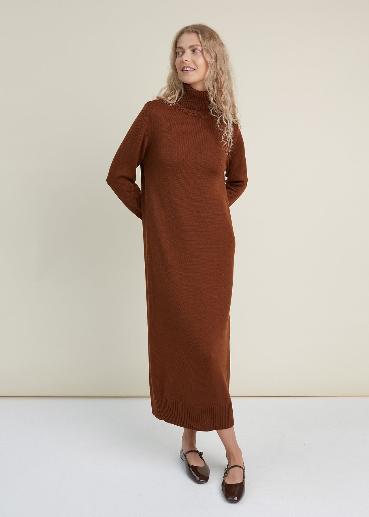 Turtleneck Knitted Merino Wool Sweater Dress Chocolate