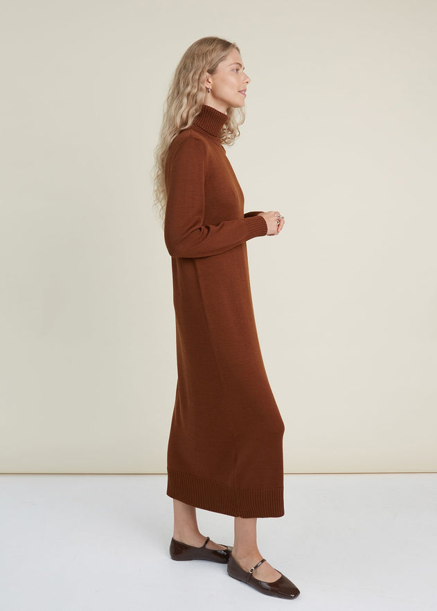 Turtleneck Knitted Merino Wool Sweater Dress Chocolate