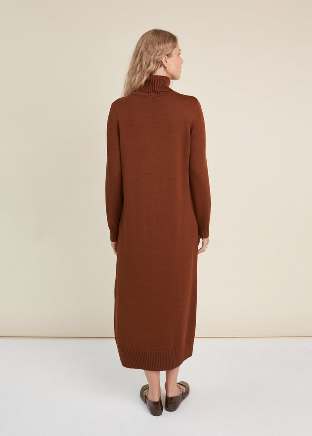 Turtleneck Knitted Merino Wool Sweater Dress Chocolate