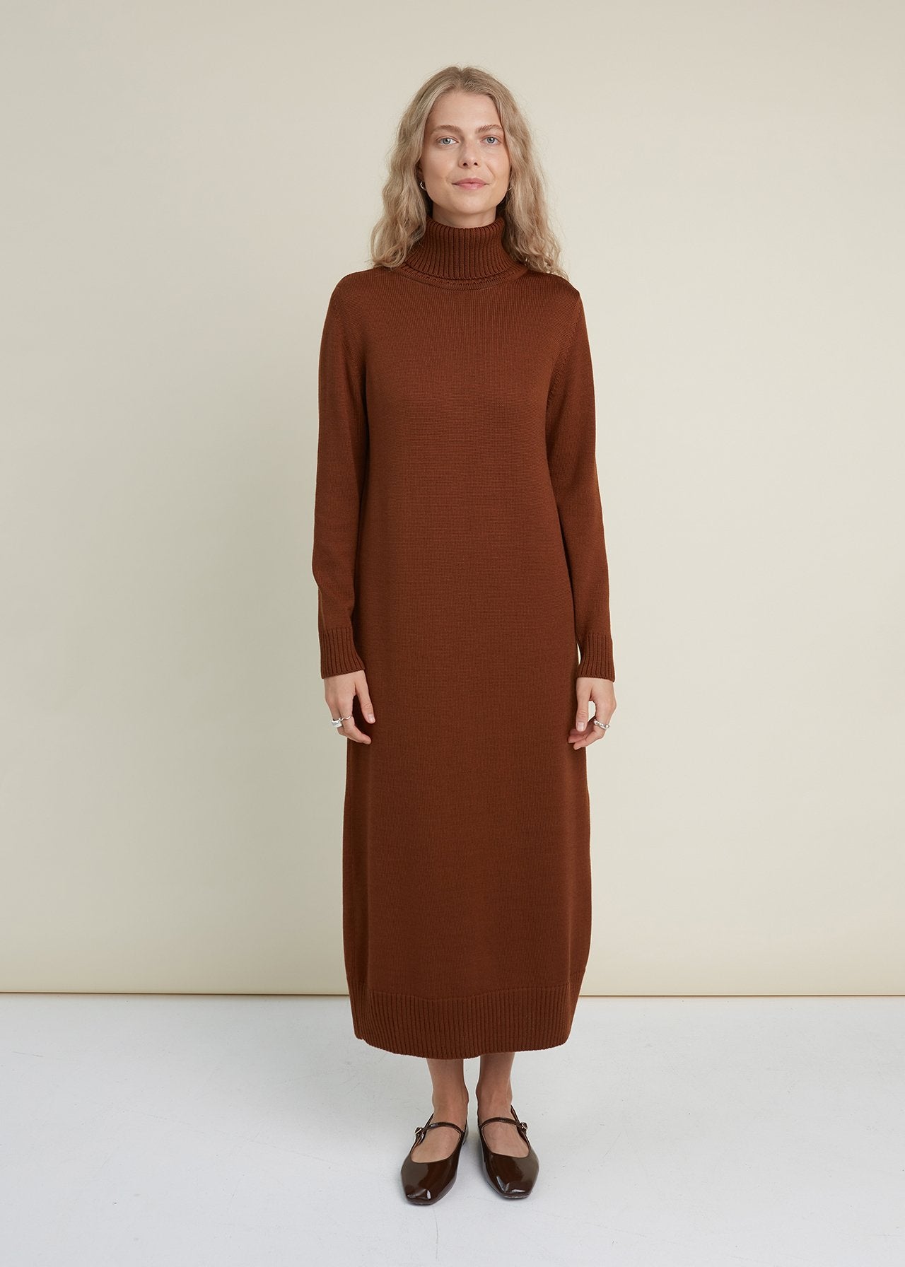 Turtleneck Knitted Merino Wool Sweater Dress Chocolate