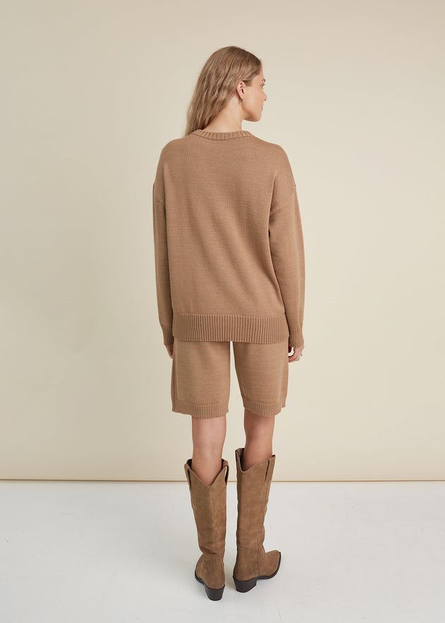 Crew Neck Merino Wool Knitted Sweater Camel
