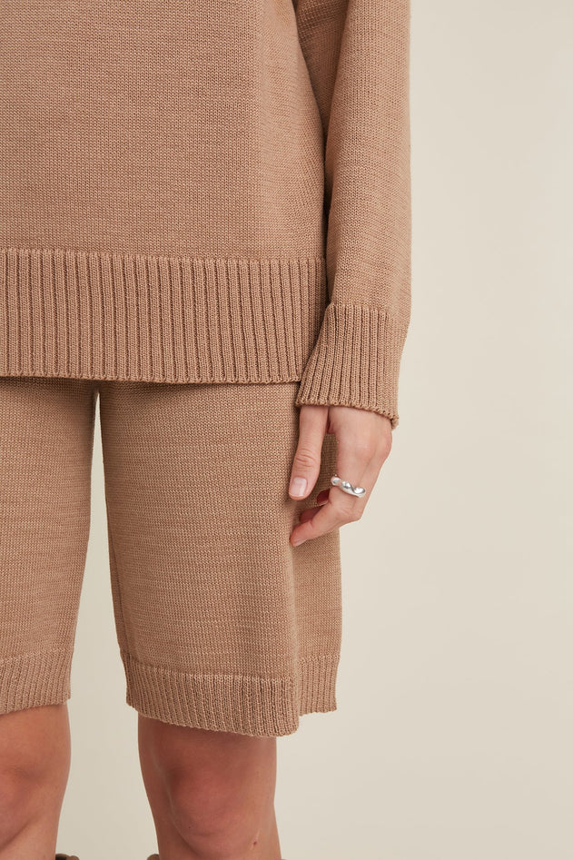 Crew Neck Merino Wool Knitted Sweater Camel