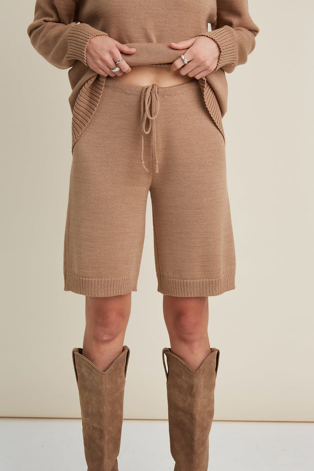 Knitted Merino Wool Oversized Sweater & Shorts Set Camel