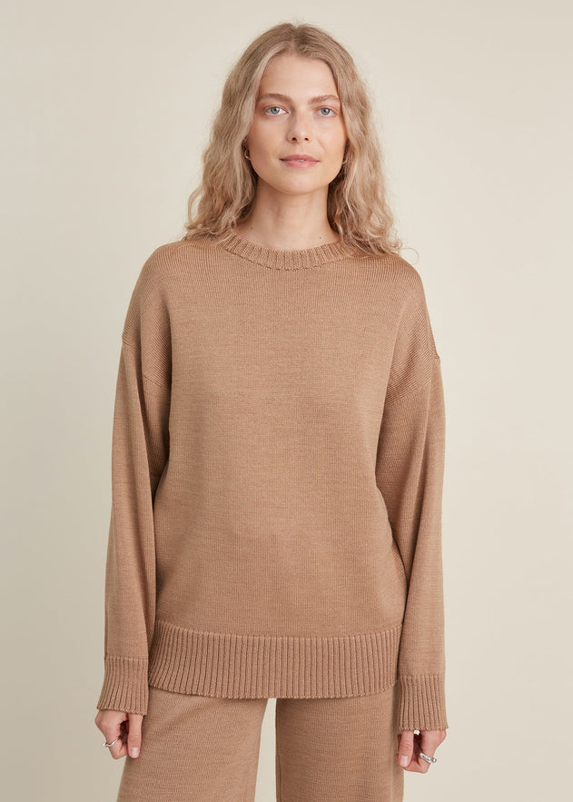 Crew Neck Merino Wool Knitted Sweater Camel