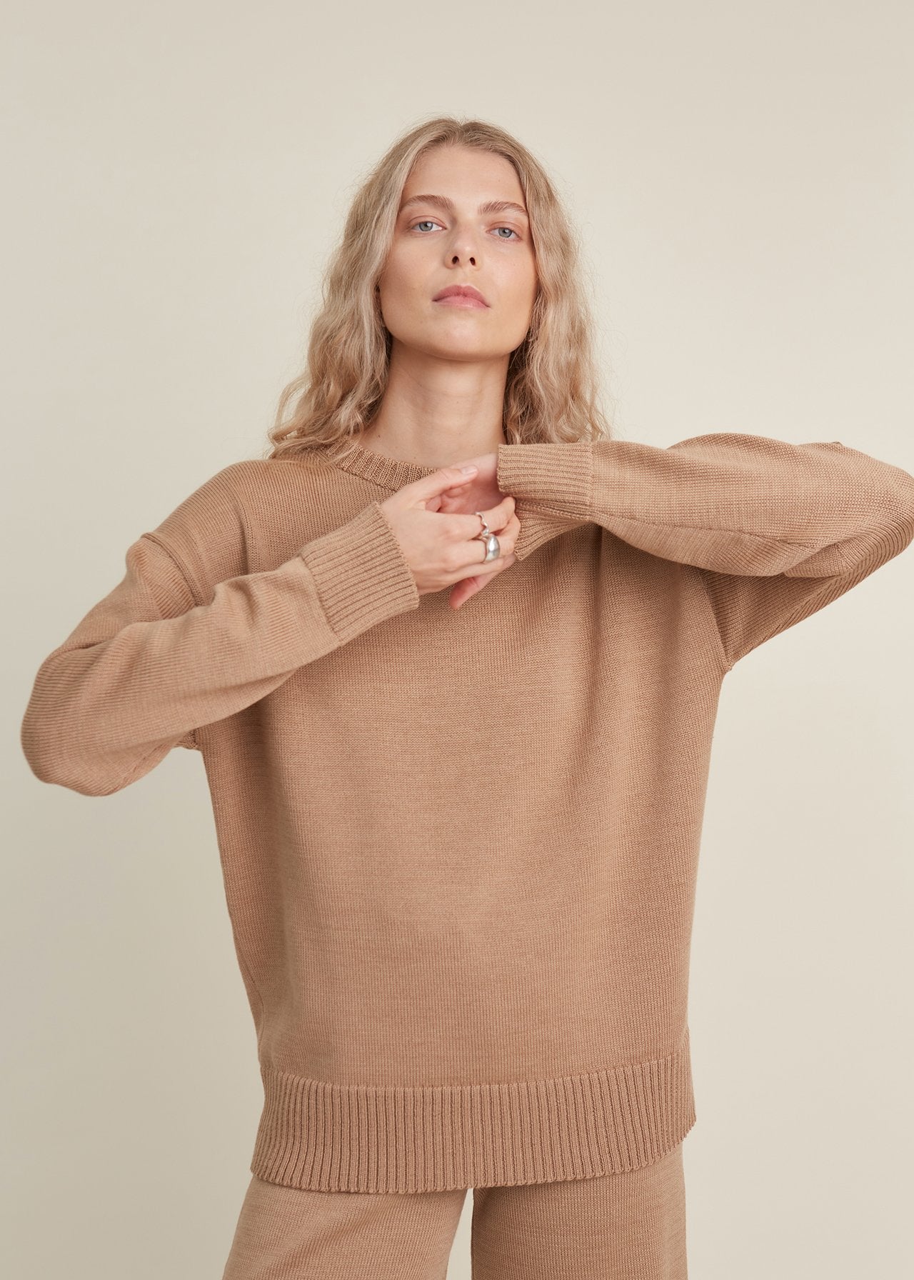 Crew Neck Merino Wool Knitted Sweater Camel