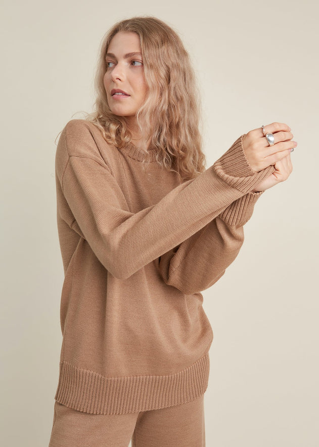 Crew Neck Merino Wool Knitted Sweater Camel