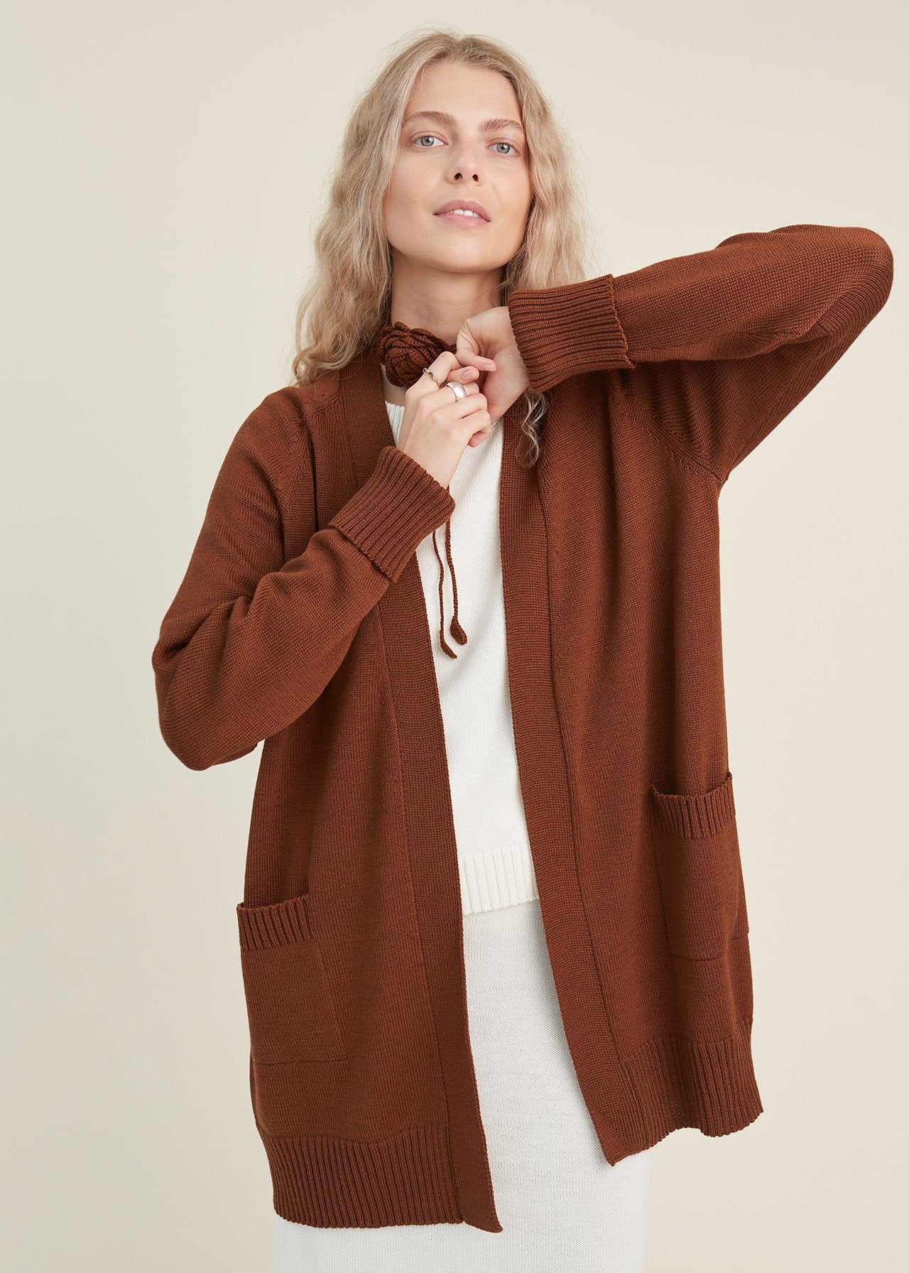Knitted Merino Wool Cardigan with Pockets Chocolate