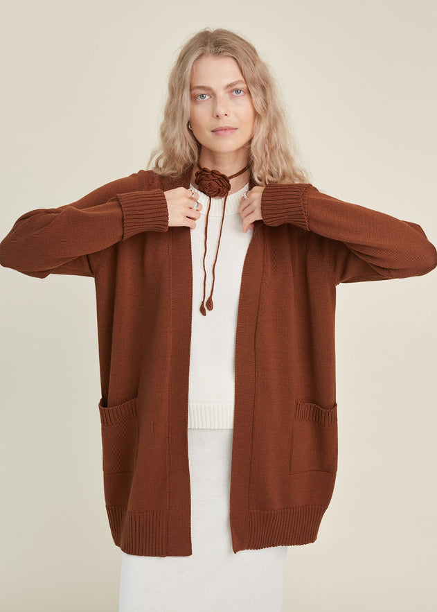 Knitted Merino Wool Cardigan with Pockets Chocolate