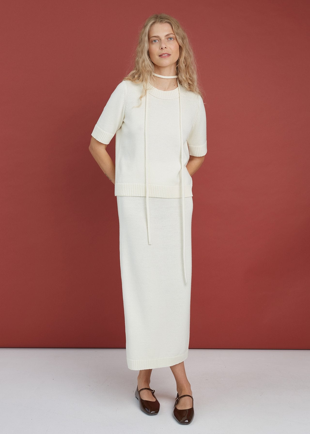 Merino Wool Two Piece Set with Top & Skirt Natural White
