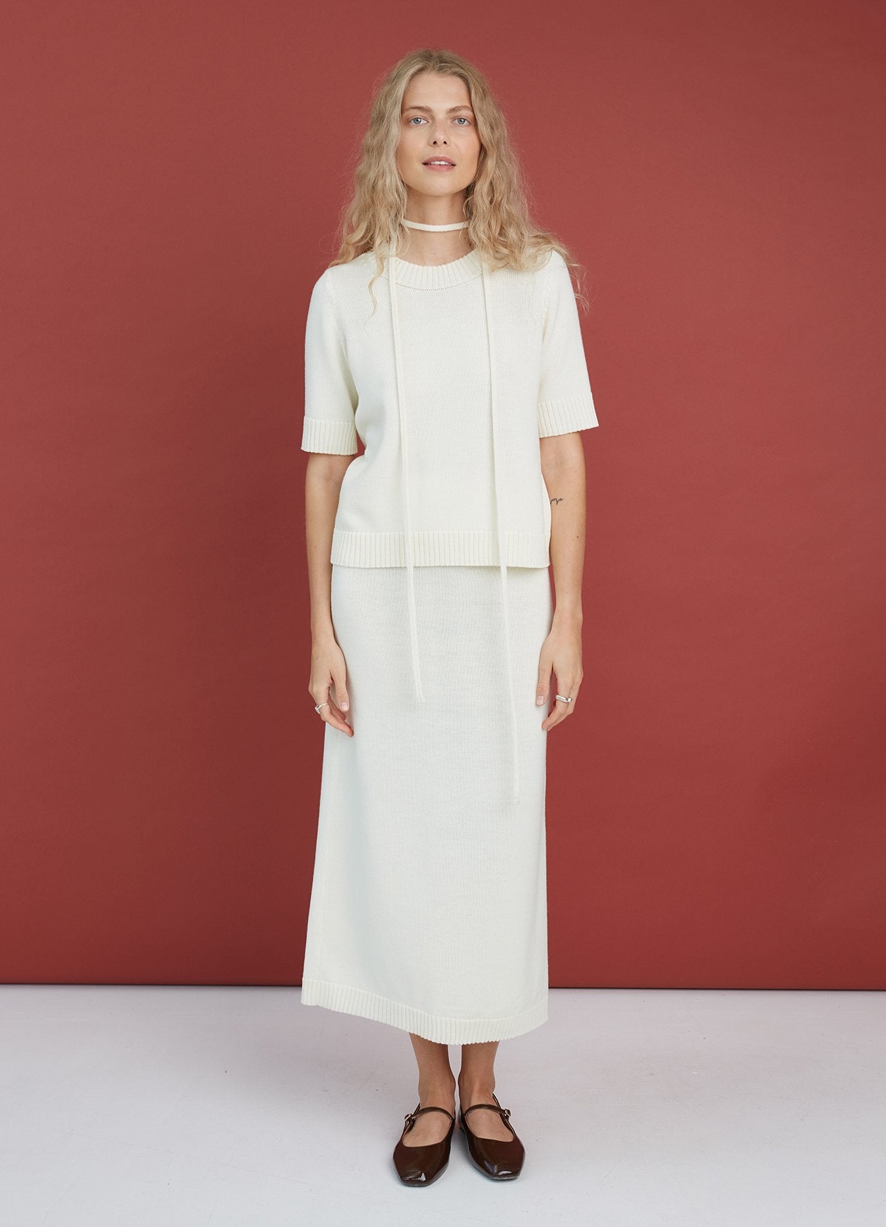 Merino Wool Two Piece Set with Top & Skirt Natural White