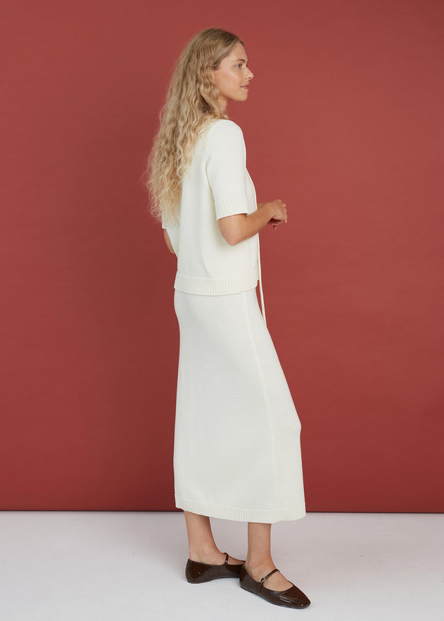 Merino Wool Two Piece Set with Top & Skirt Natural White