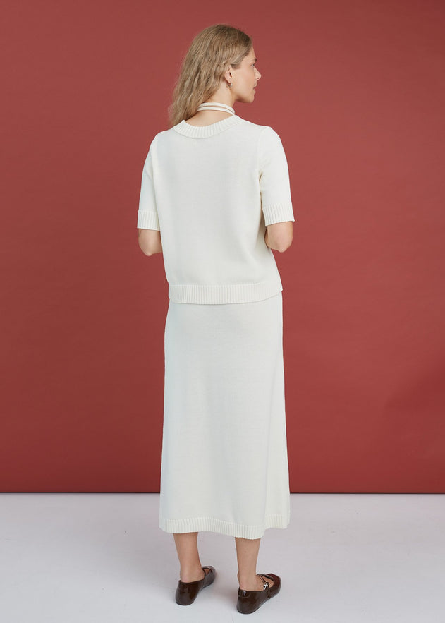 Merino Wool Two Piece Set with Top & Skirt Natural White
