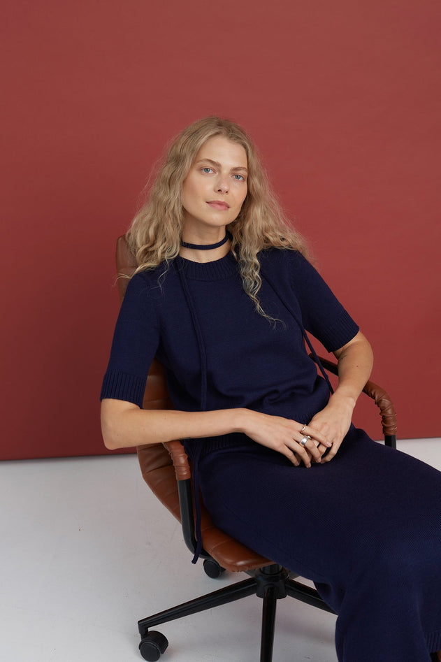Knitted Merino Wool Top Dark Blue