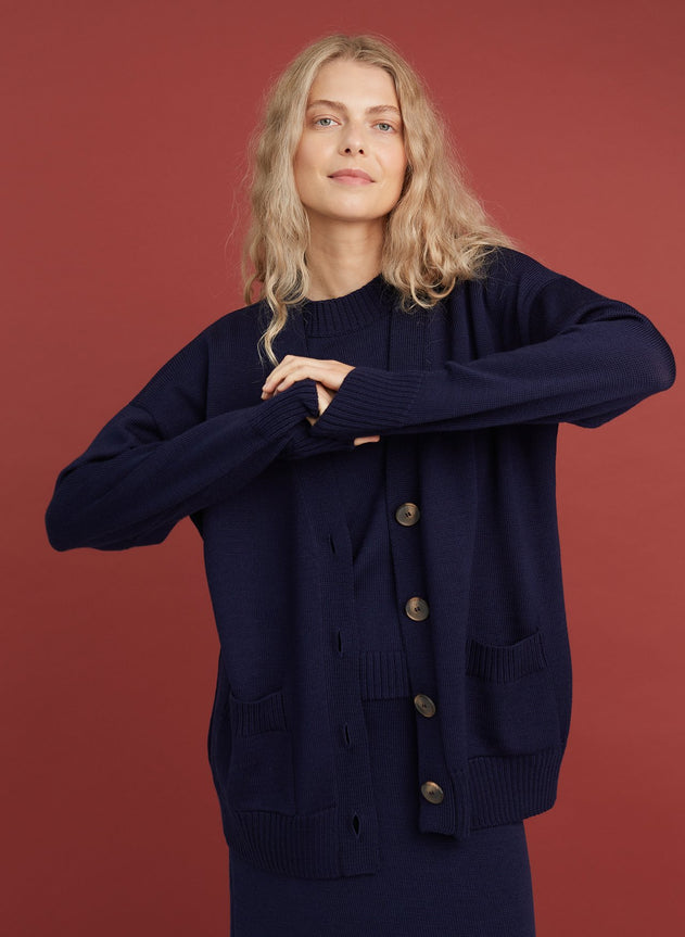 Button-Up Merino Wool Cardigan Dark Blue