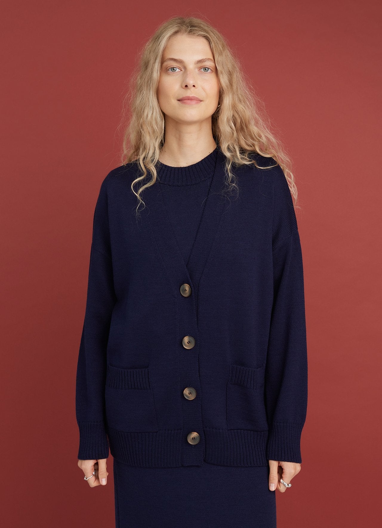 Button-Up Merino Wool Cardigan Dark Blue