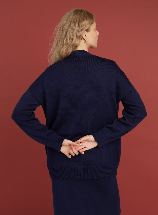 Button-Up Merino Wool Cardigan Dark Blue
