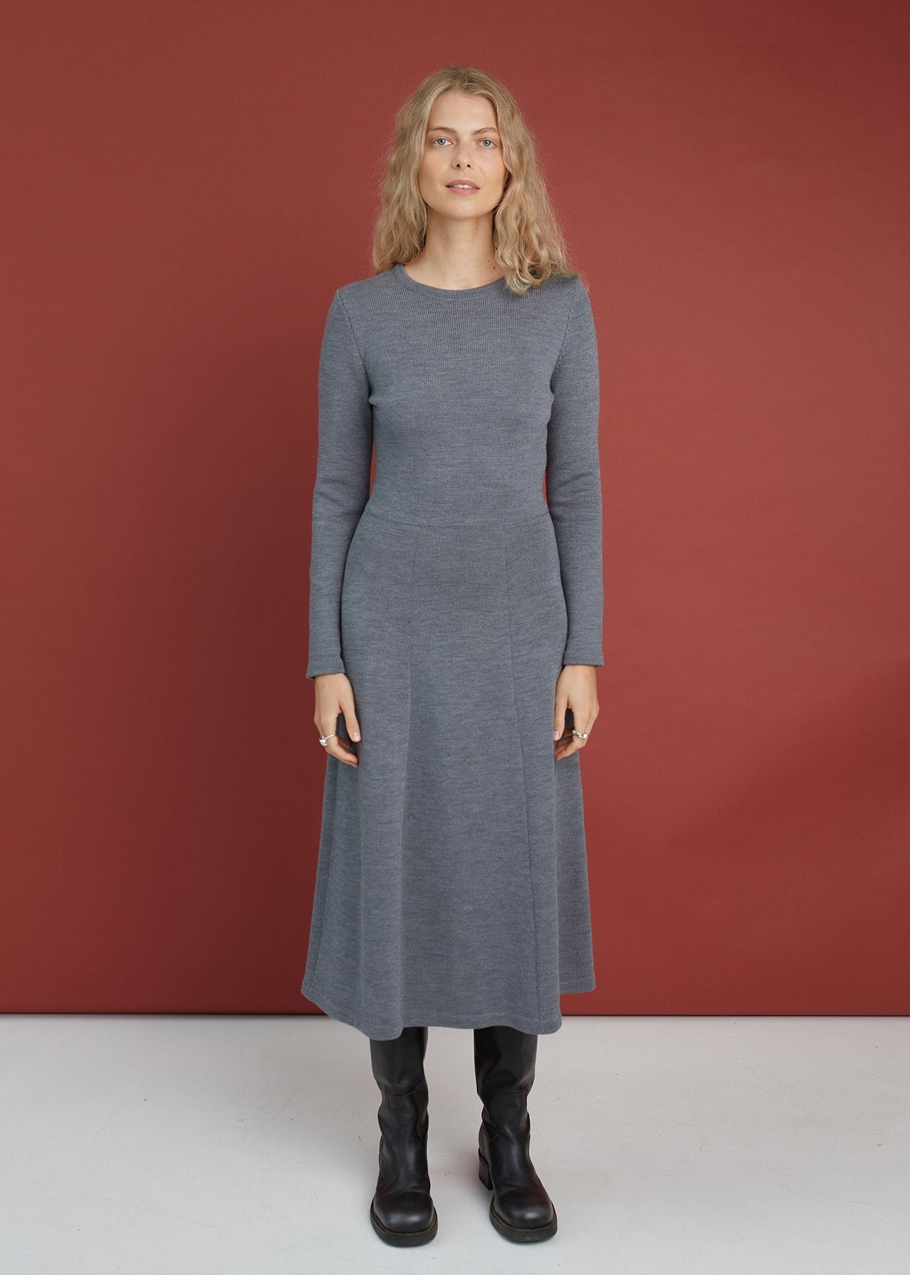 Knitted Merino Wool A-line Midi Dress Grey