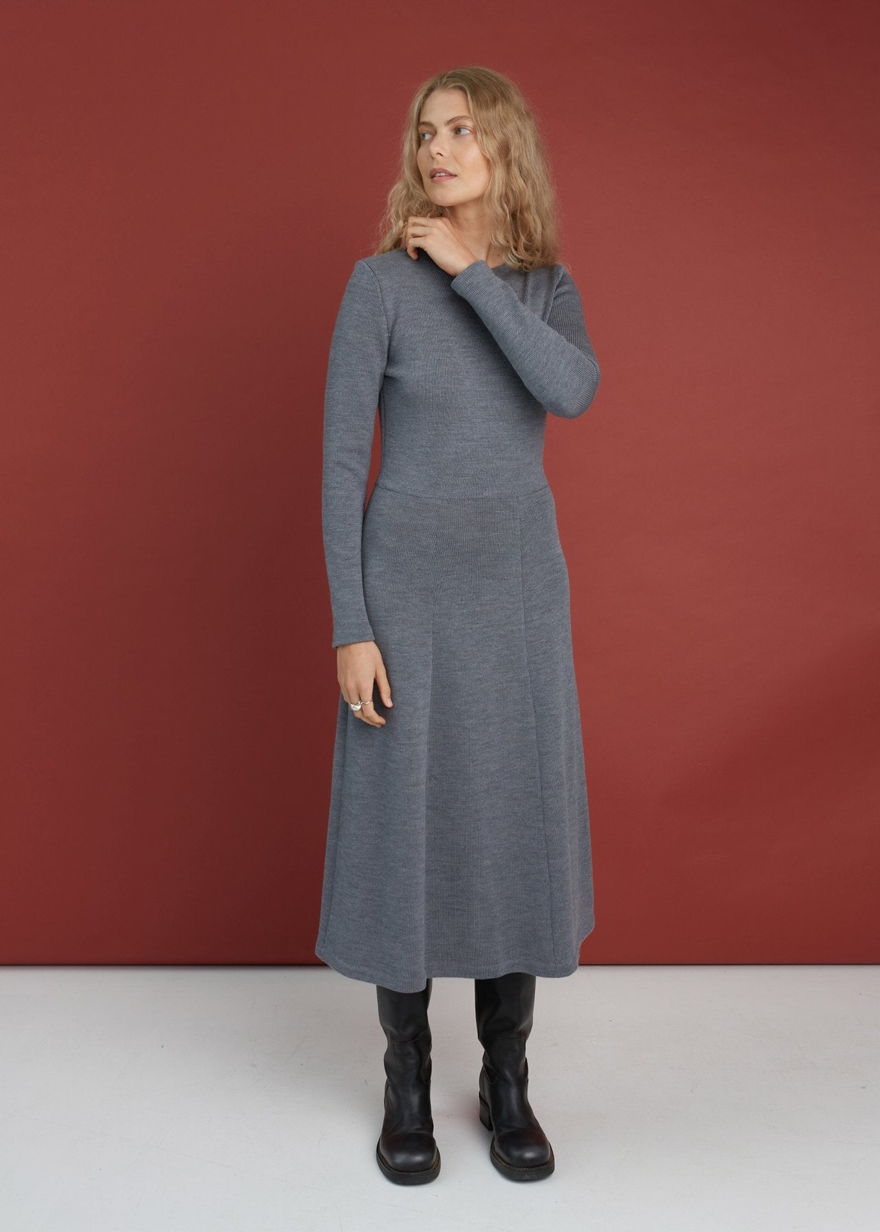 Knitted Merino Wool A-line Midi Dress Grey