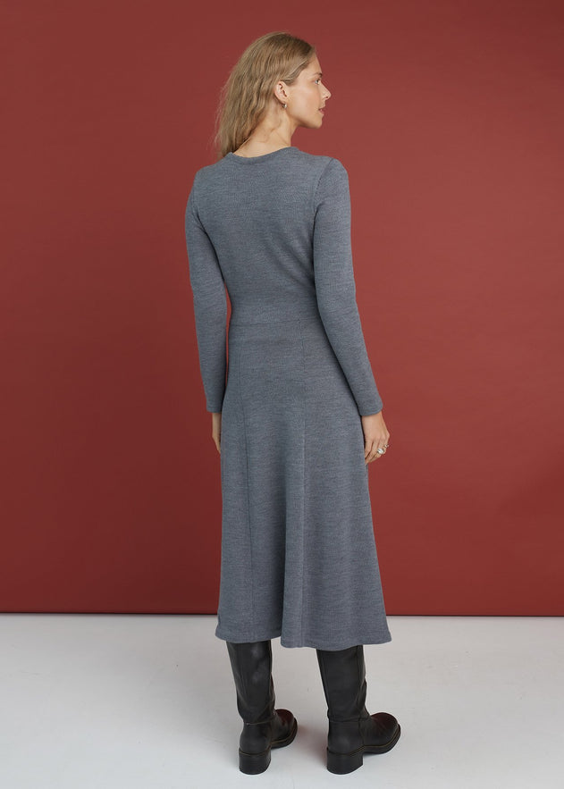 Knitted Merino Wool A-line Midi Dress Grey