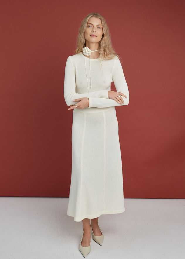 Knitted Merino Wool A-line Midi Dress Natural White
