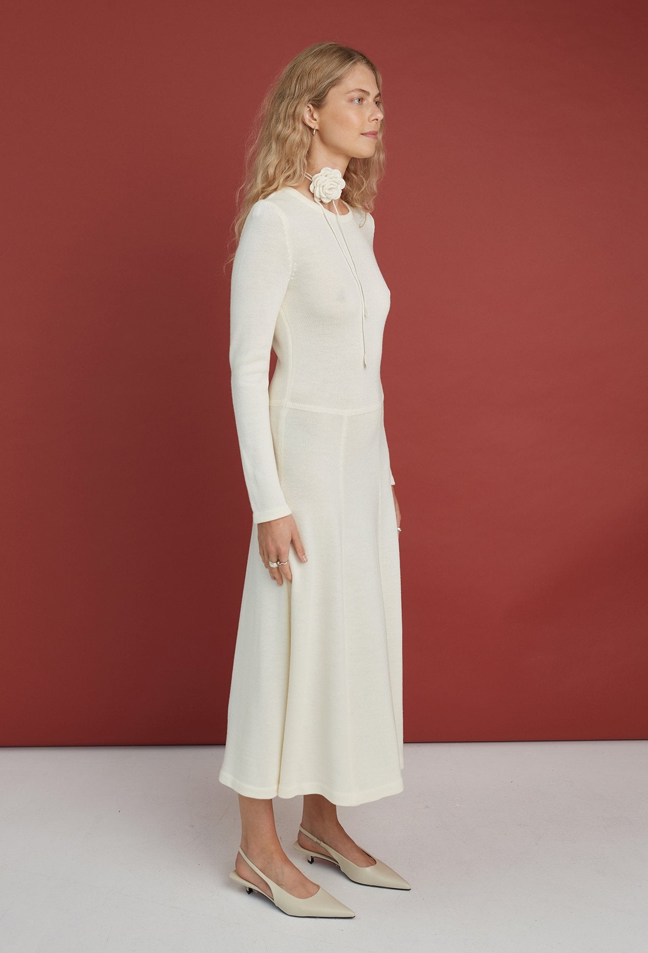 Knitted Merino Wool A-line Midi Dress Natural White