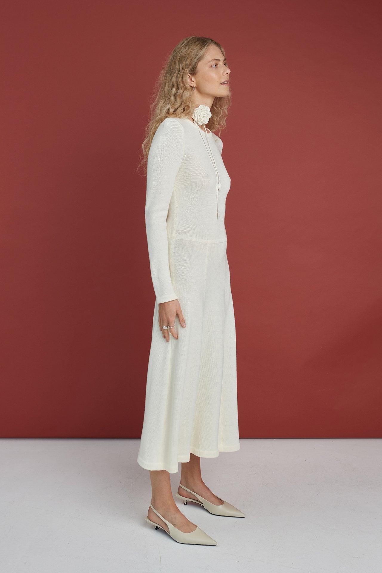 Knitted Merino Wool A-line Midi Dress Natural White